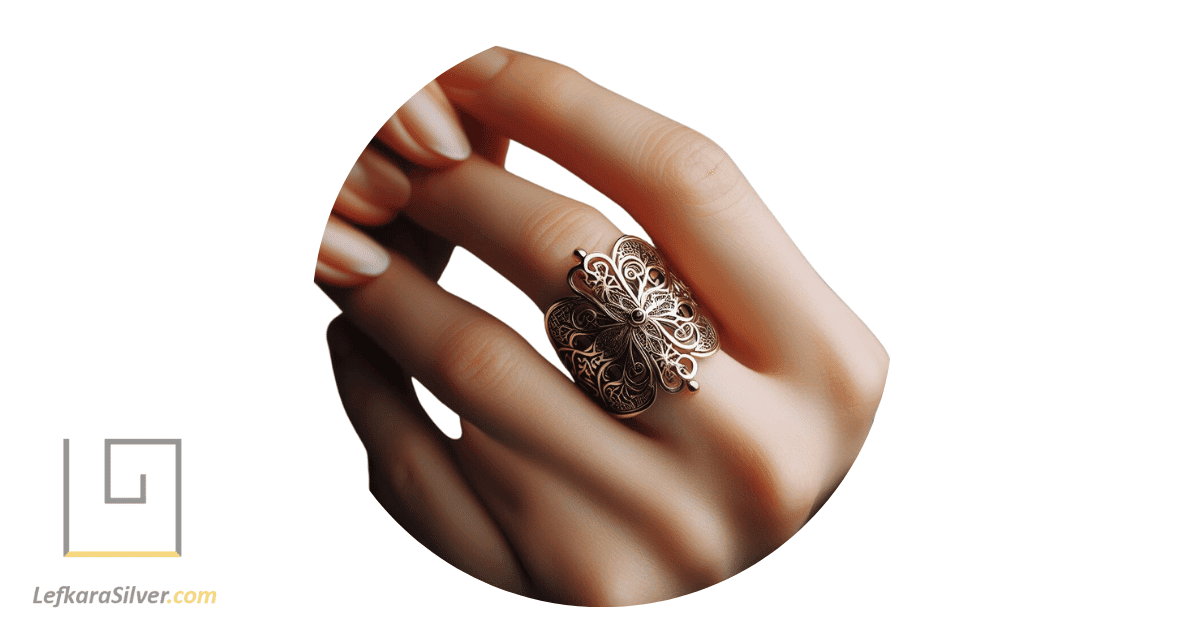 a person wearing an elegant filigree ring, with a close-up view of the ring's intricate design.
