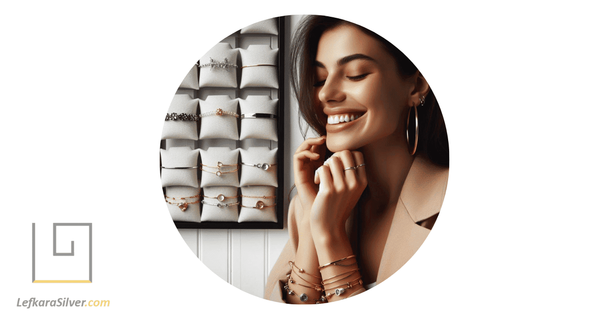 a person happily admiring a display of fine silver jewelry