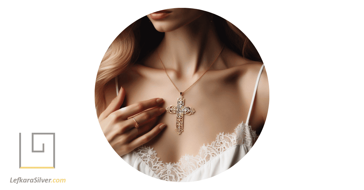 a woman in a white dress, her hand gently touching a gold filigree cross necklace around her neck.
