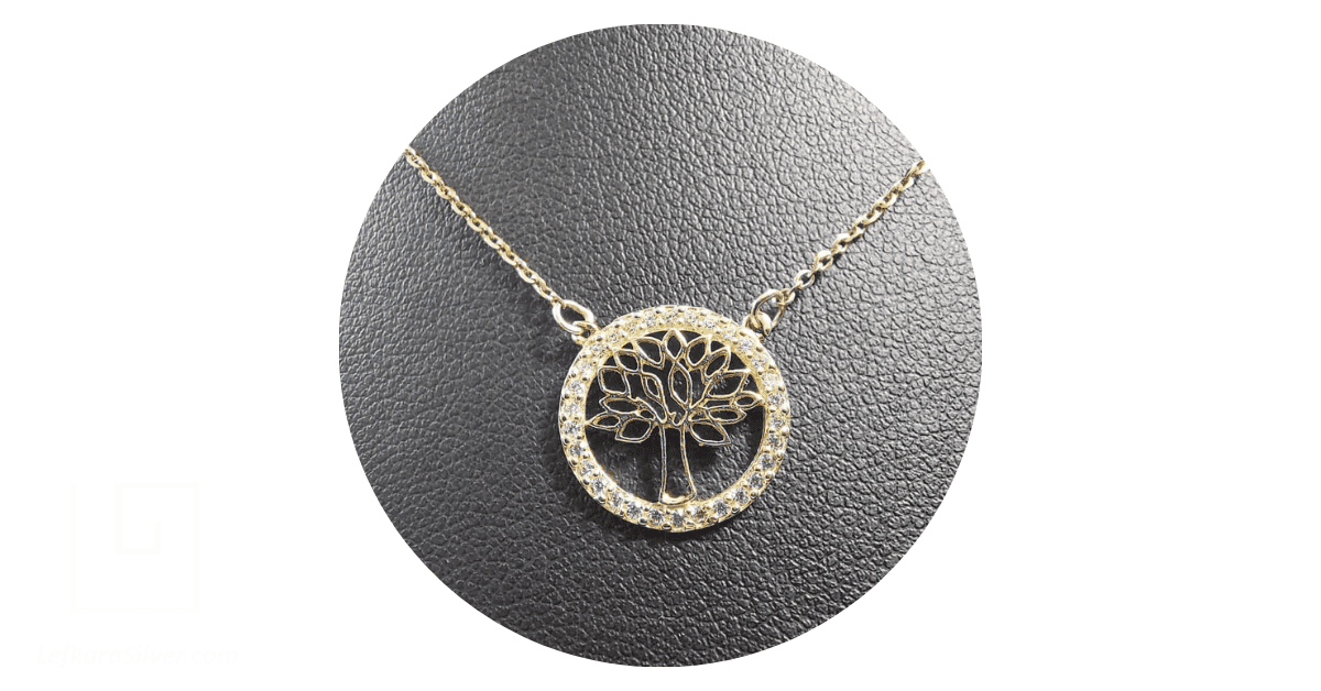 lefkarasilver gold filigree pendant necklace called tree of life with black background