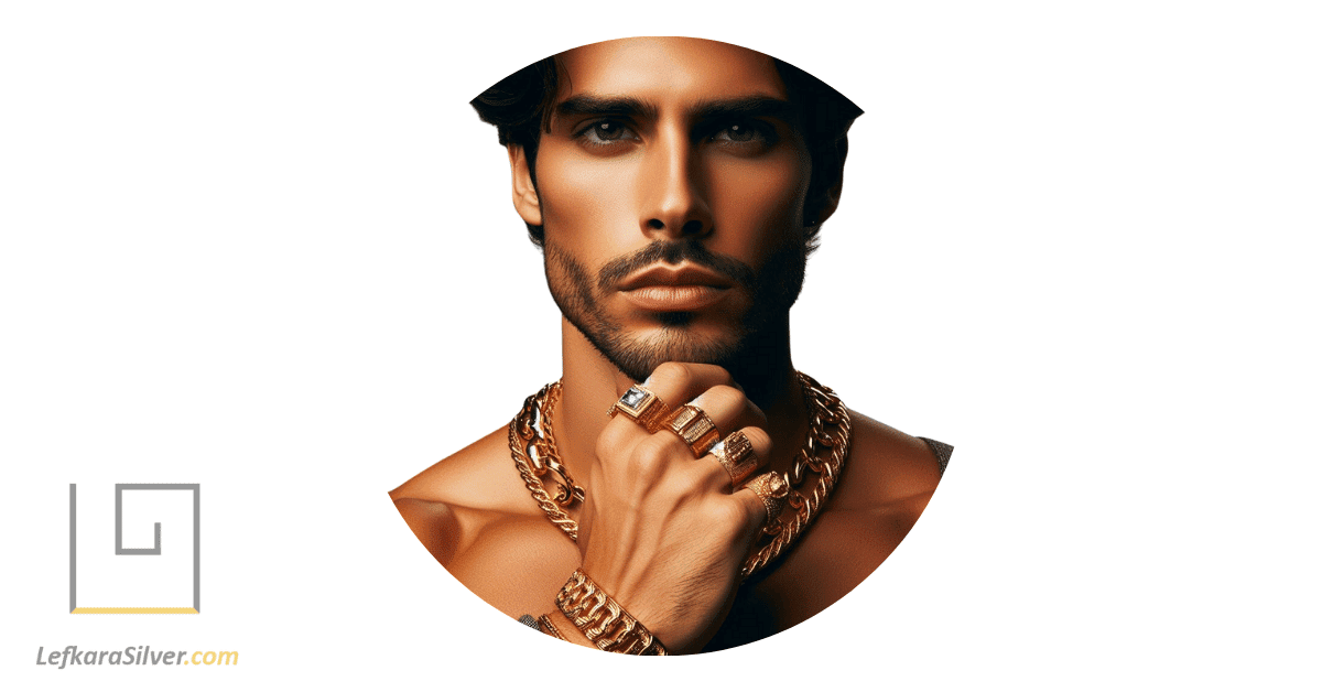 a person showcasing the latest trends in gold jewelry for 2024, including a statement necklace and chunky ring.