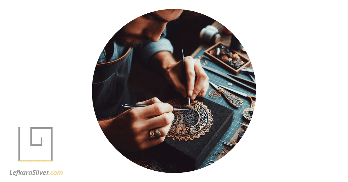 a craftsman at work, carefully creating a unique handmade filigree pendant.