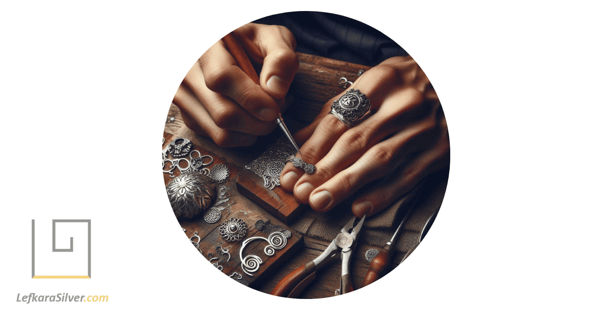 a craftsman meticulously working on a piece of handmade silver plated jewelry