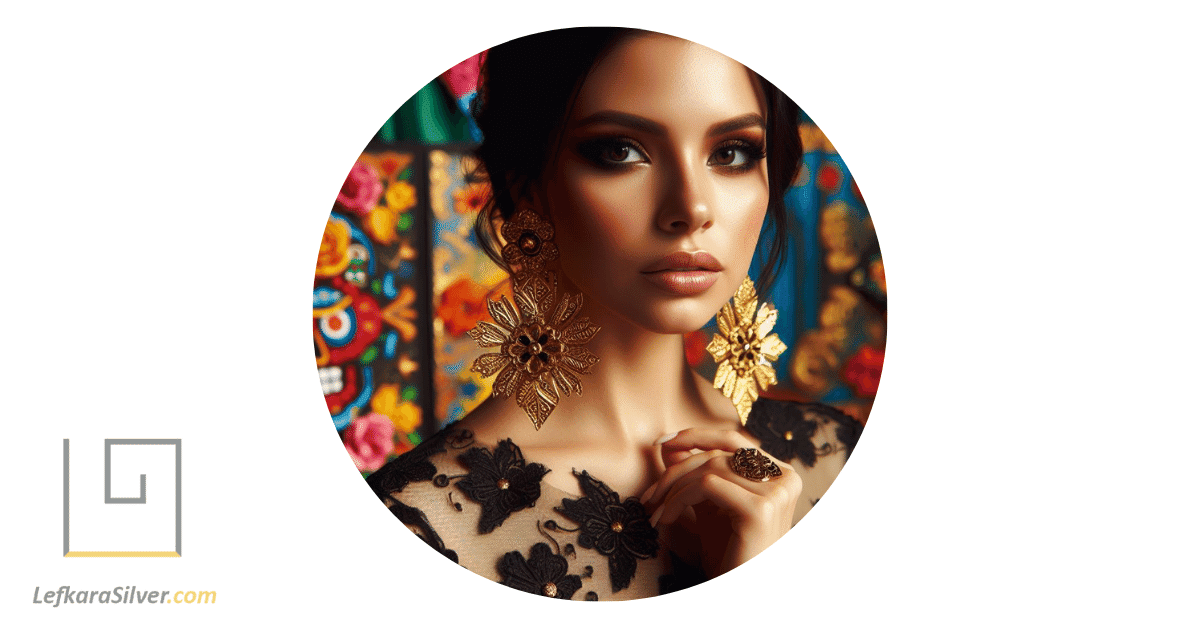 a woman wearing traditional Mexican filigree earrings, standing in front of a colorful backdrop that reflects Mexican culture.
