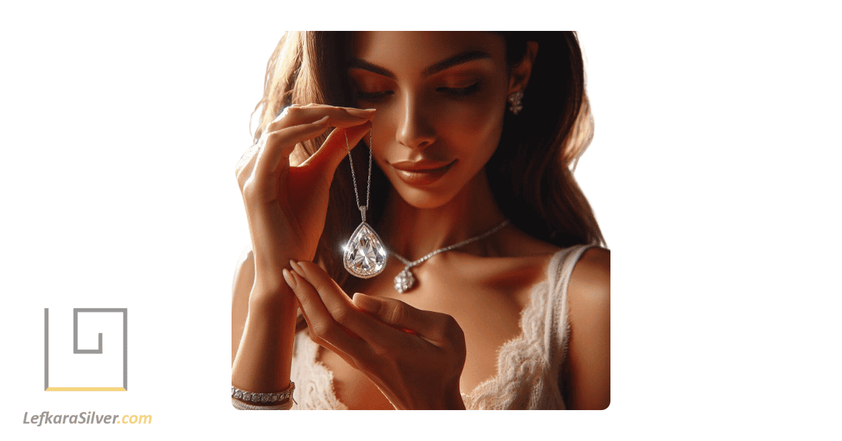 A ultra realistic image in a black and gold main subject color palette on a clean white background of a woman holding a sparkling diamond necklace up to the light.