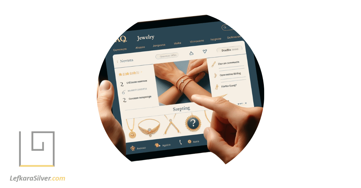 a person reading an FAQ section on a jewelry website, with a gold bracelet on their wrist.