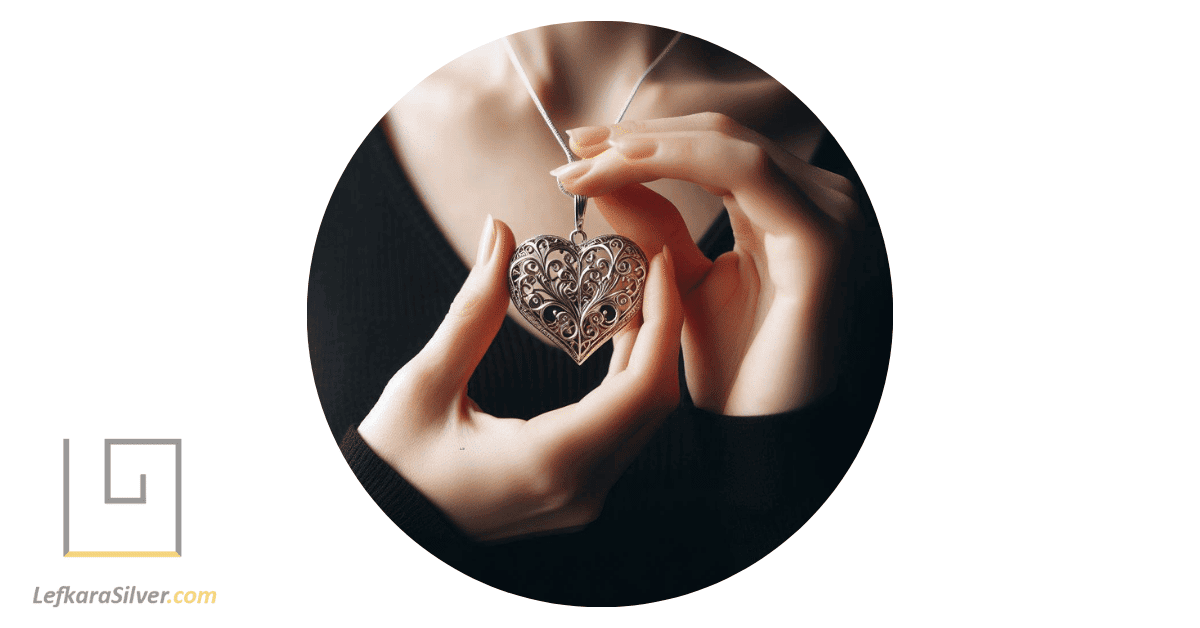 a woman delicately holding a silver filigree pendant in her hand.