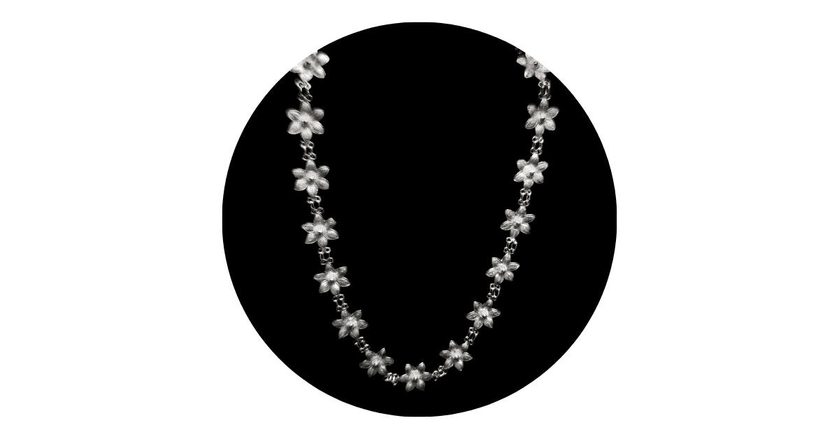 a silver necklace jewelry on a black background