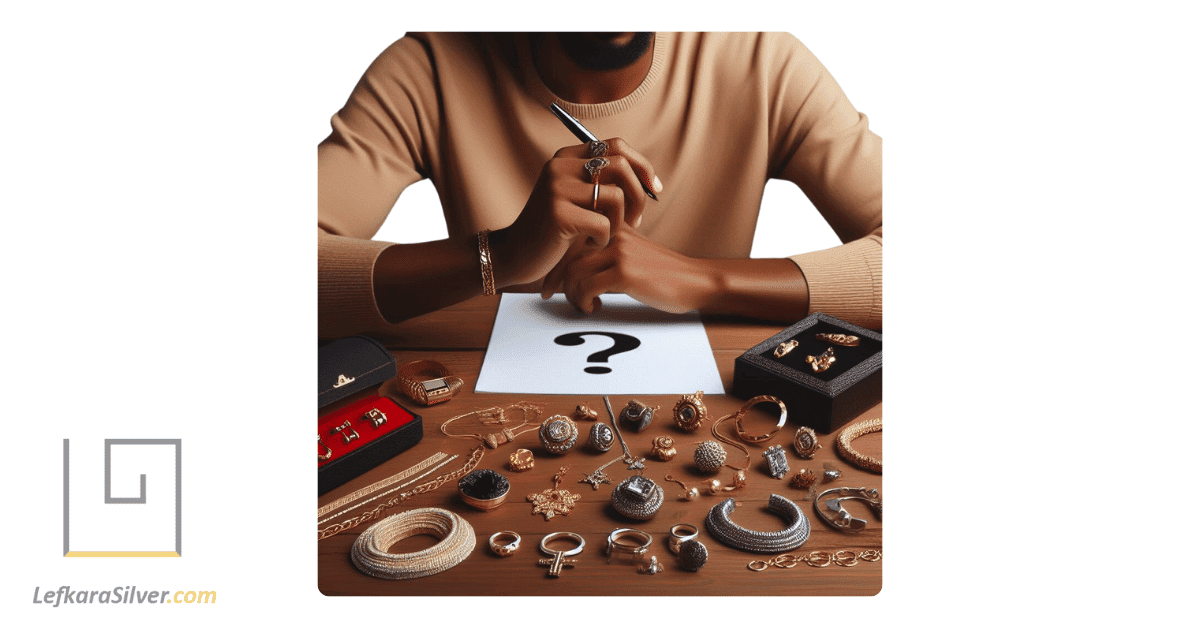 a person answering questions about silver and gold jewelry, with various pieces of jewelry laid out in front of them.