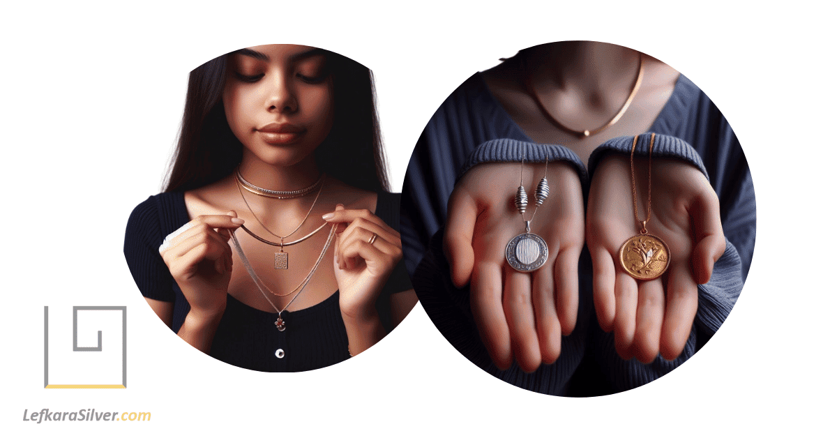 a person holding a silver and a gold necklace, comparing them