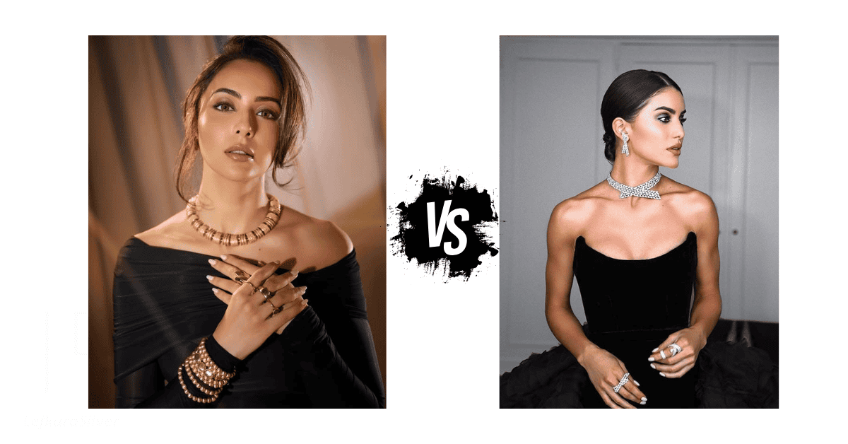  images of ladies comparing wearing silver or gold jewelry with a black dress