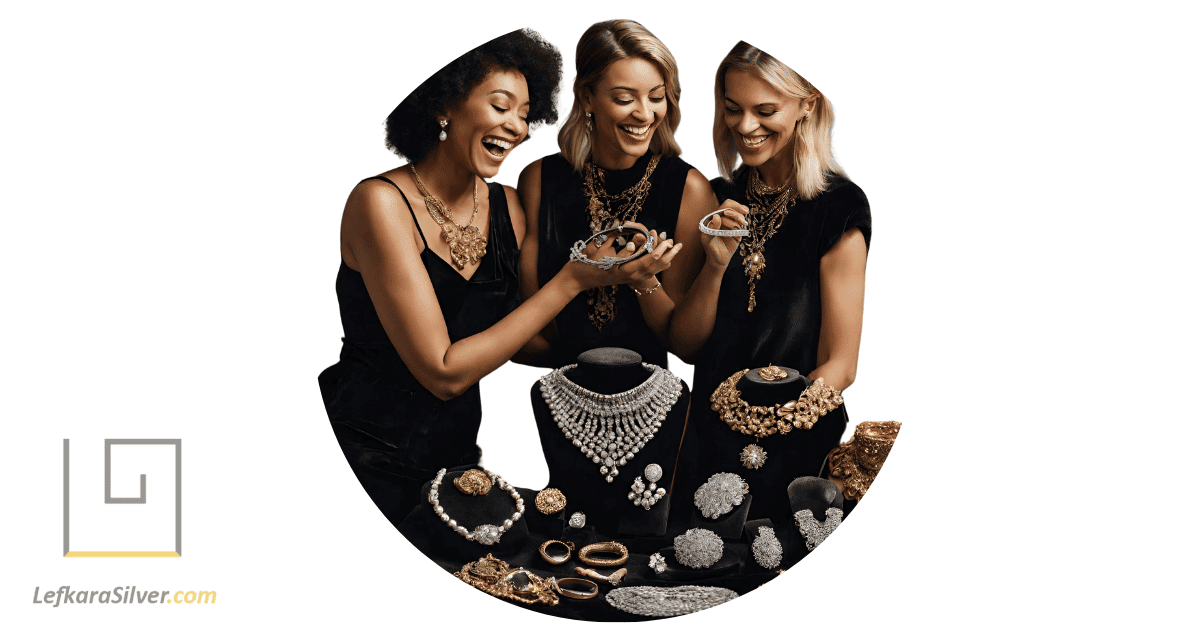 excited women admiring a collection of silver vintage jewelry displayed on a velvet cloth.