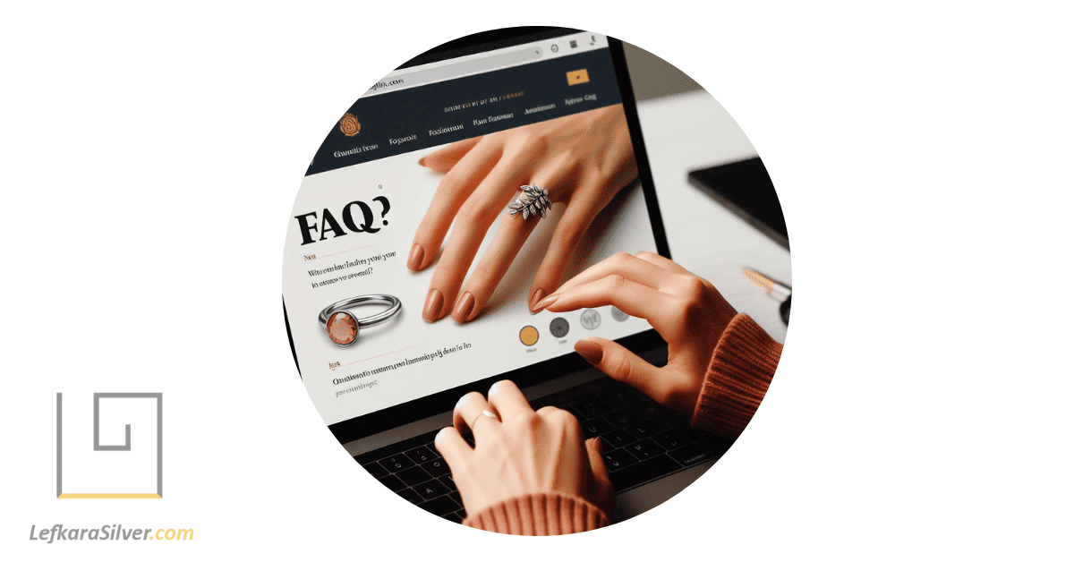 a woman reading a FAQ section on a website about silver women's jewelry, with a silver ring on her finger.