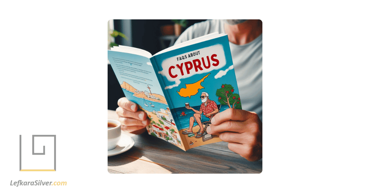 a person reading a guidebook titled 'FAQs about Cyprus'.