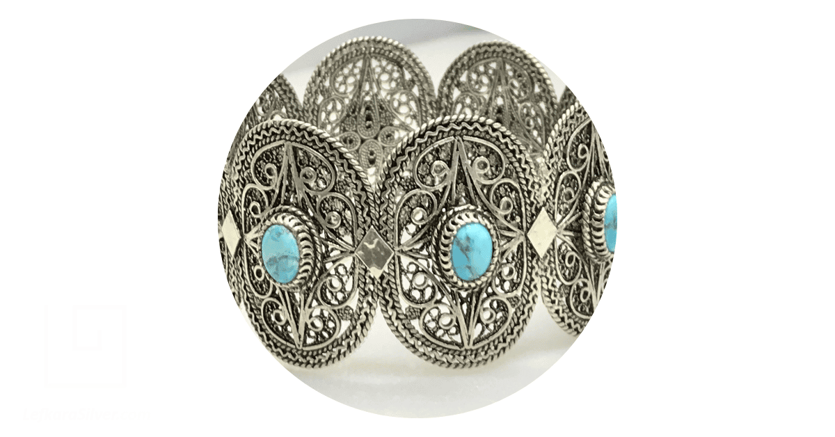 Bangle Silver Antique Filigree Turquoise Bracelet Hinged