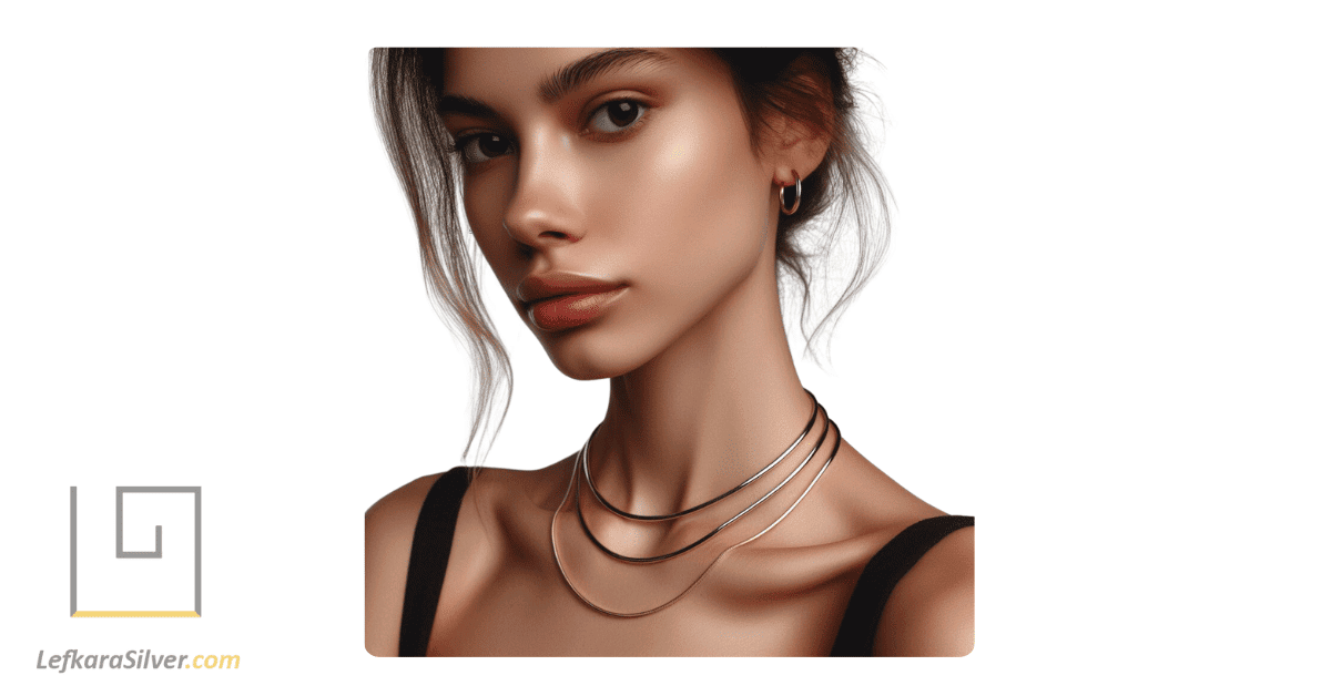 a woman wearing a timeless sterling silver necklace, her expression reflecting its enduring popularity.