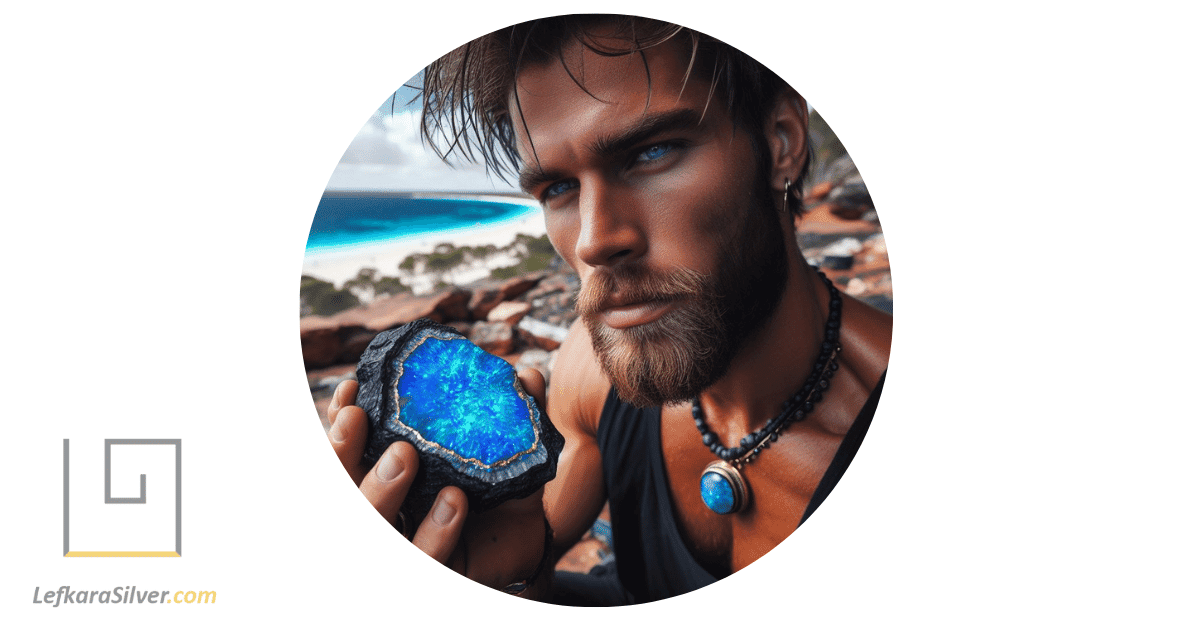 a man in Australia, holding a raw blue opal before it has been crafted into jewelry.
