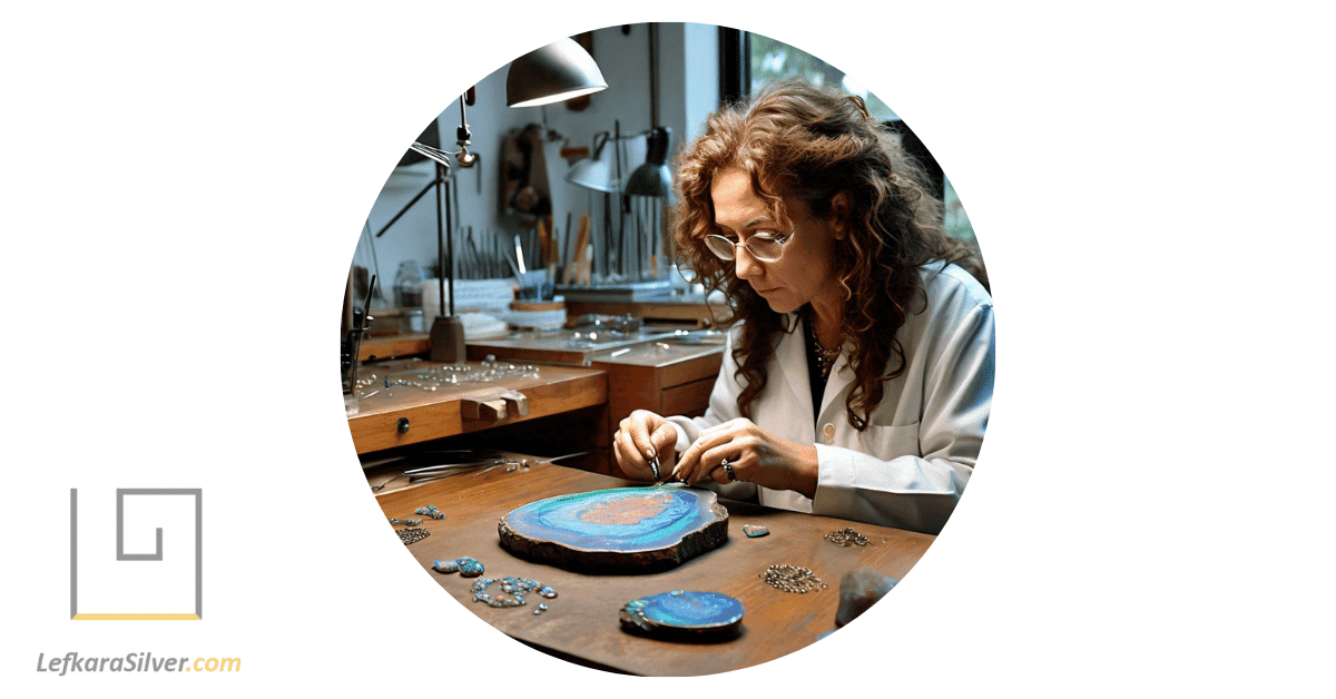 a jewelry designer at their workbench, crafting an intricate piece of Australian opal jewelry.
