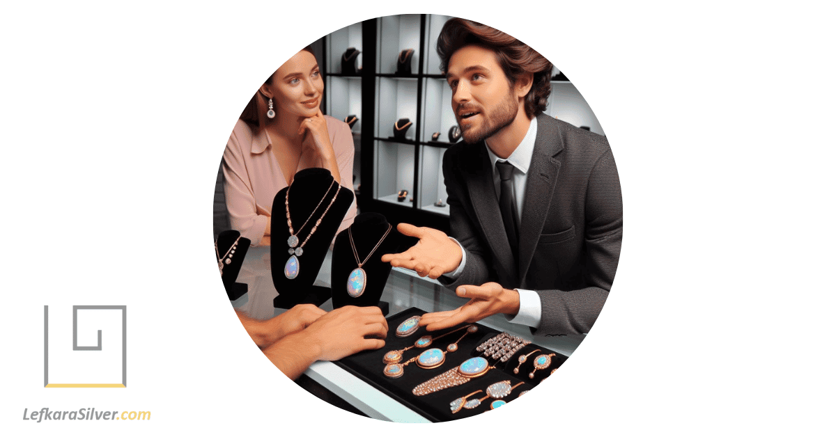 a knowledgeable jeweler answering a customer's questions about Australian opal jewelry, with various pieces of opal jewelry displayed on the counter between them.
