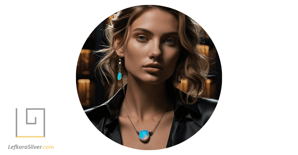 a fashion-forward individual wearing a trendy Australian opal necklace, the opalescent colors of the gemstone contrasting beautifully with their modern outfit.
