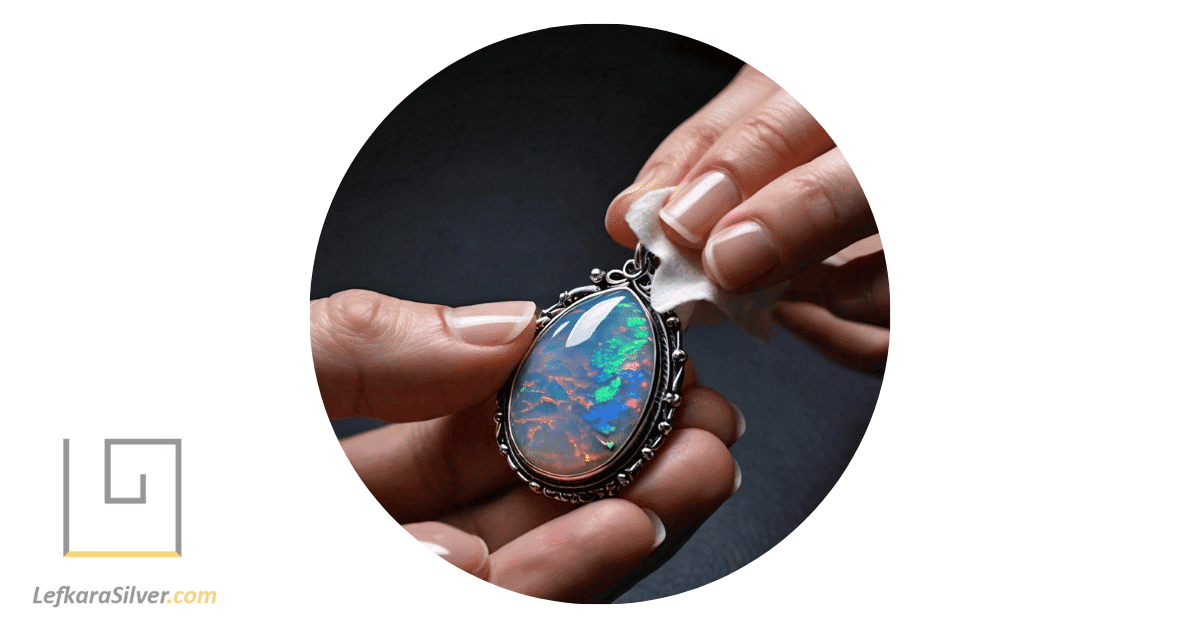 a person carefully cleaning an authentic opal pendant with a soft cloth, ensuring its longevity and brilliance.
