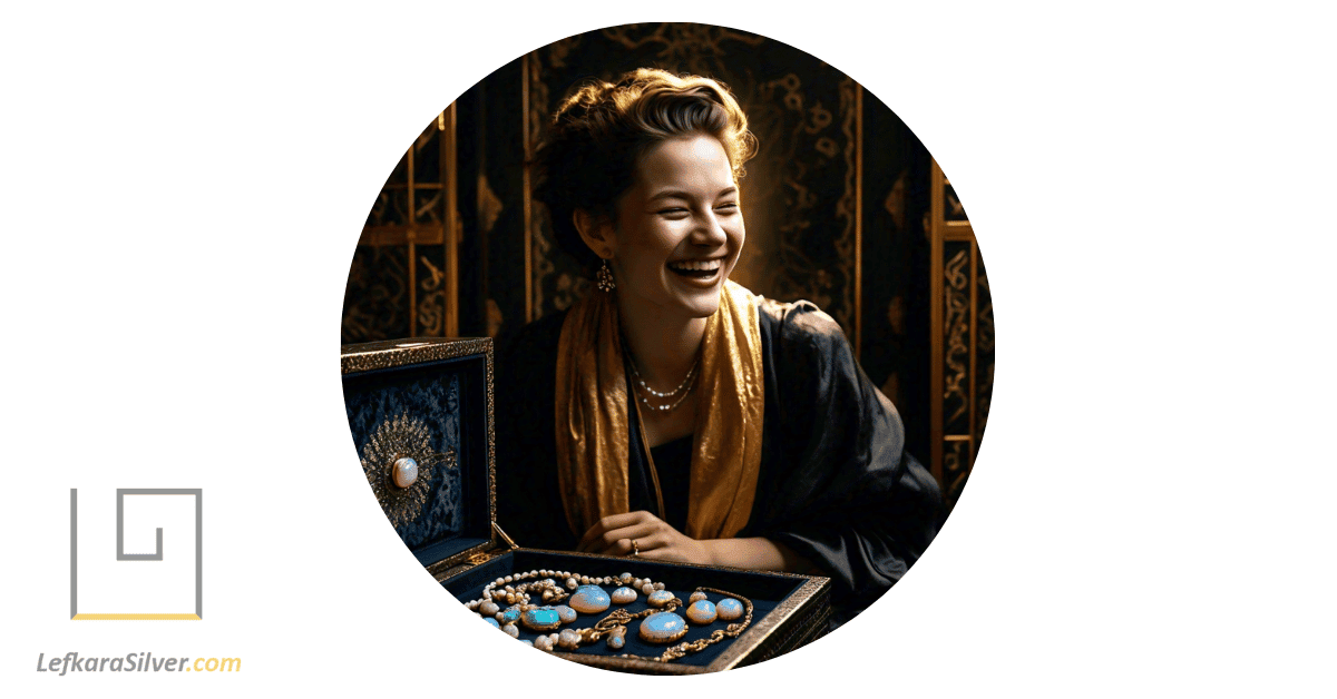a person happily looking at their collection of natural opal jewelry in a jewelry box.
