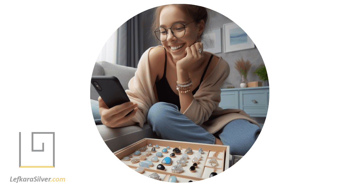 a person happily looking at their collection of white opal jewelry, appreciating the advantages of owning them.
