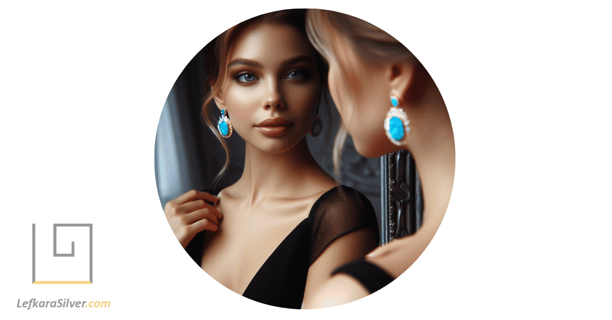 a woman looking at her reflection in the mirror, wearing a pair of elegant blue opal earrings.
