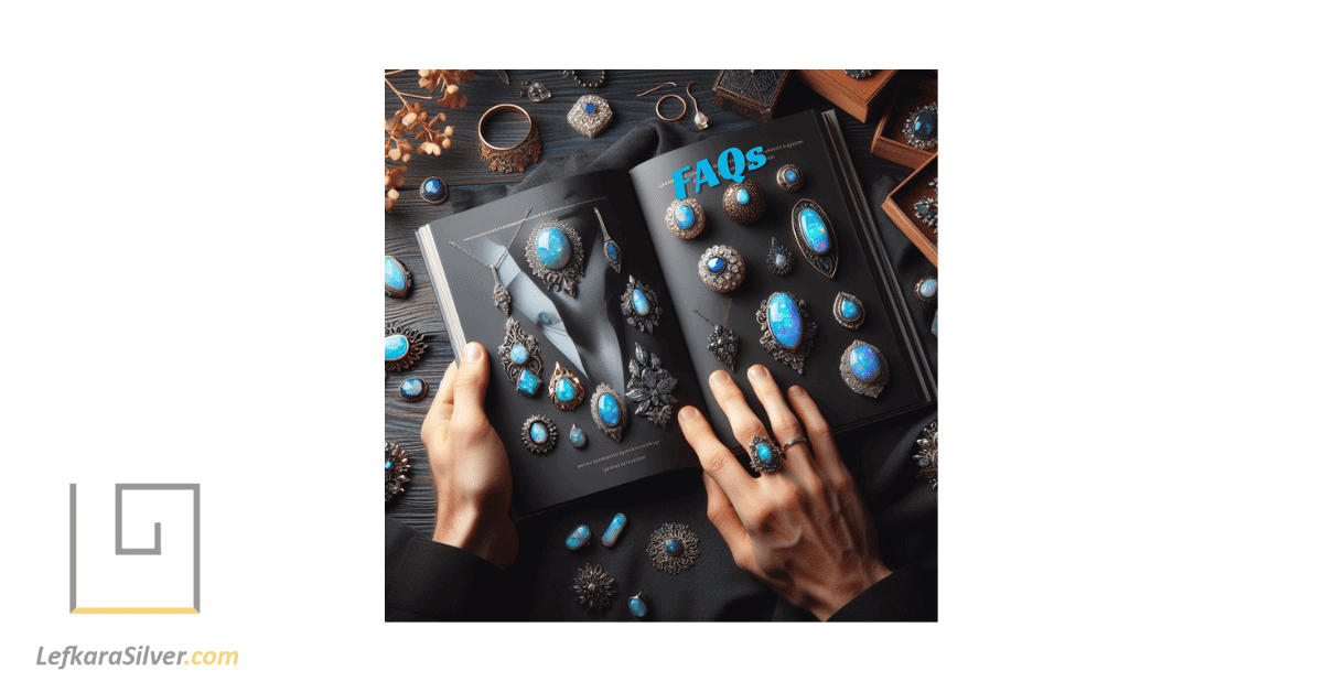 a person reading a book about blue opal jewelry, with various pieces of blue opal jewelry spread out in front of them.