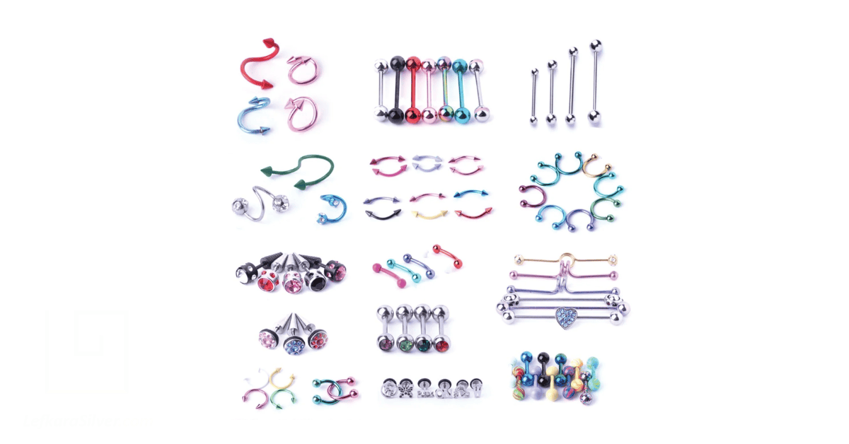 several types of body piercing jewelry on display depicting jewelry wholesale