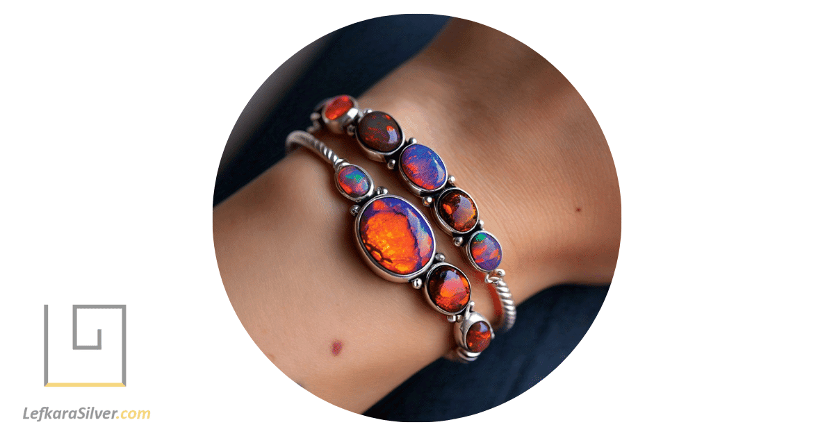 a woman's wrist adorned with a boulder opal bracelet, the opal's fiery colors standing out against her skin.

