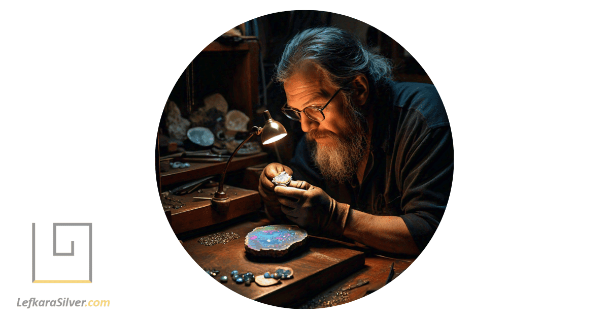 a man holding a magnifying glass, examining a piece of boulder opal jewelry, highlighting the intricate details and unique patterns of the opal.
