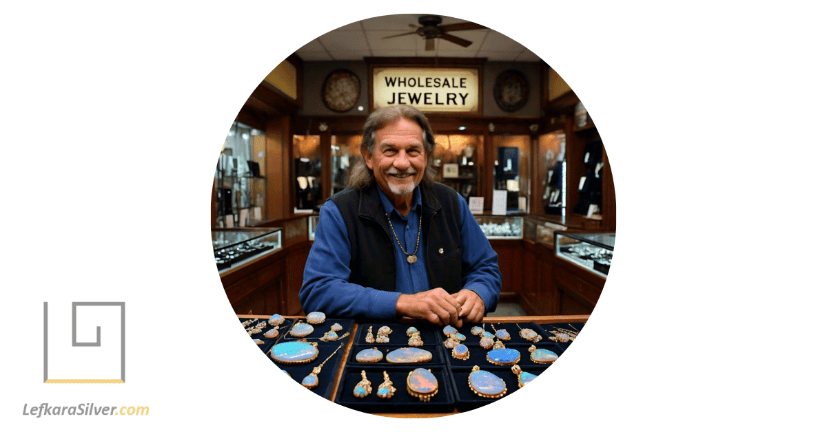 a jewelry store owner showcasing a variety of boulder opal jewelry pieces for wholesale, each piece unique and captivating.
