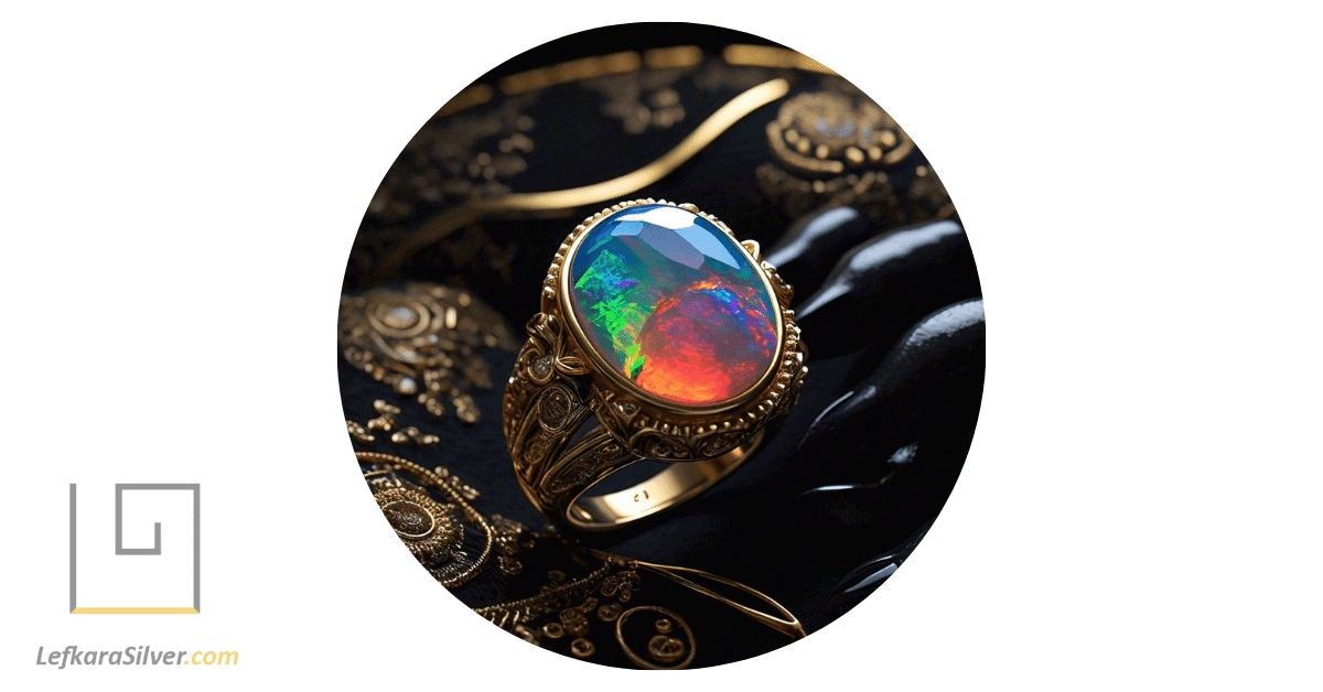 a hand elegantly displaying a boulder opal ring, the opal's iridescent hues shimmering in the light.
