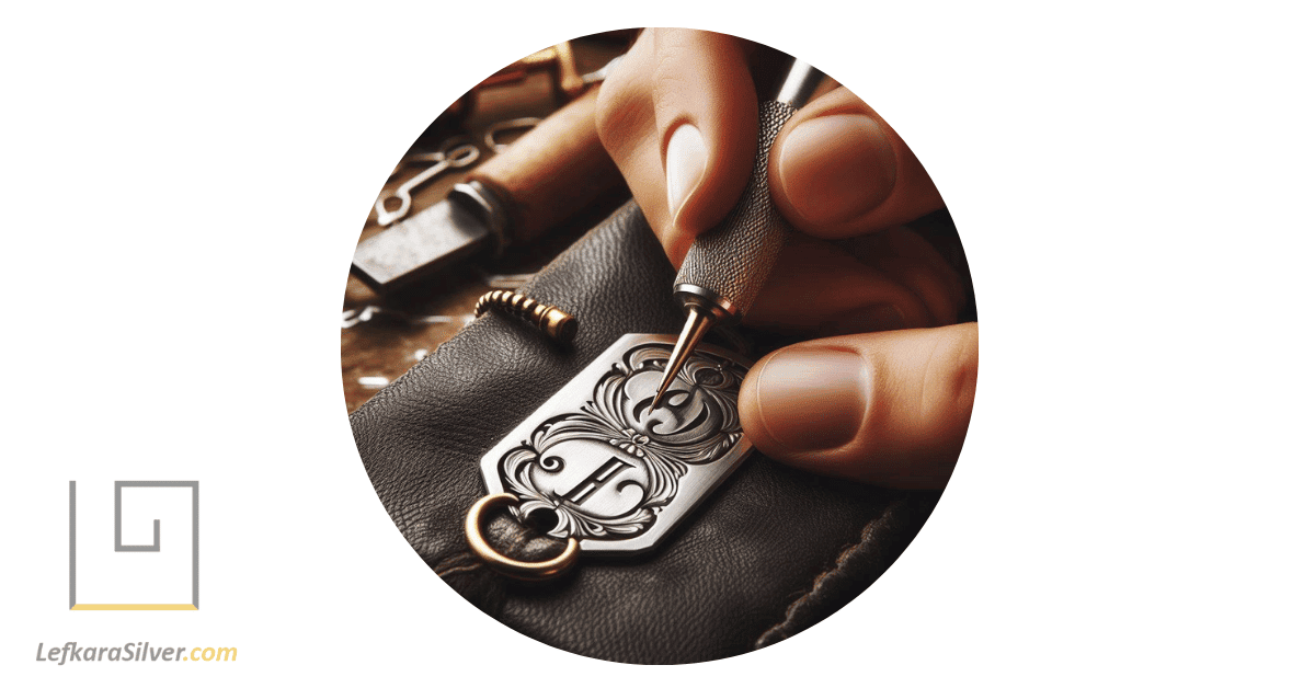 a craftsman engraving initials onto a silver jewelry tag with a fine tool.
