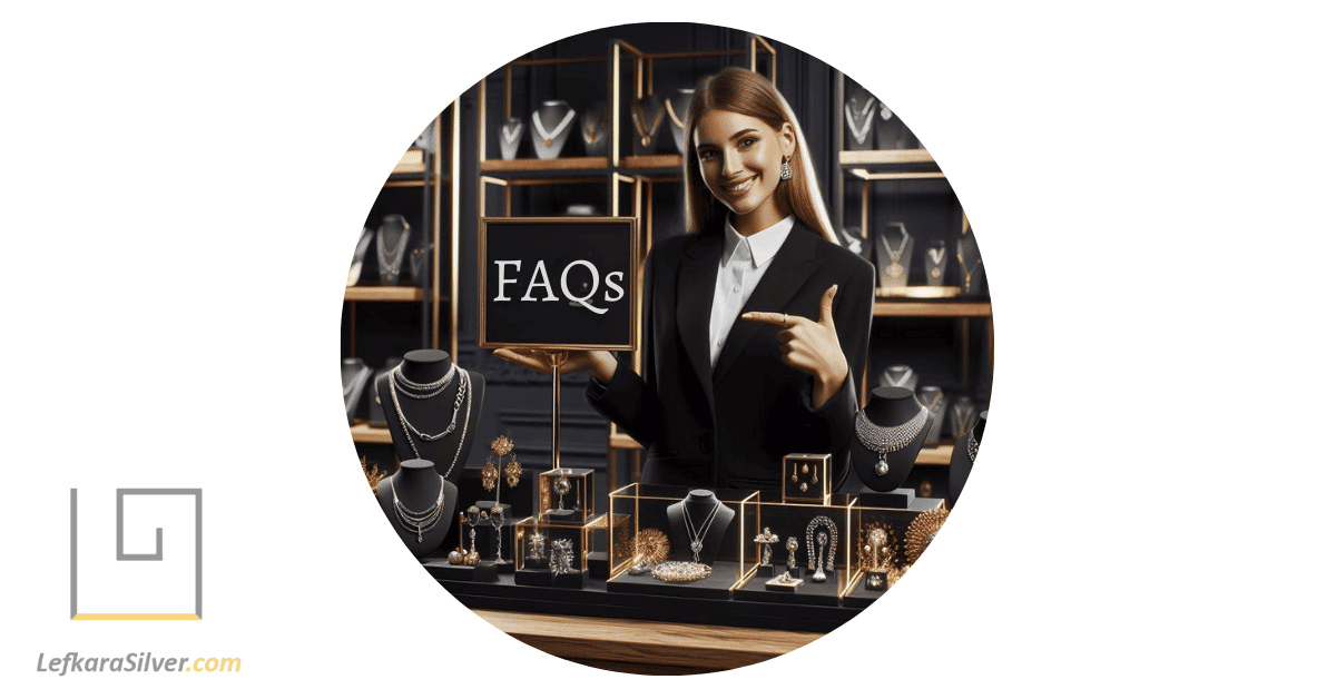 a customer service representative pointing to an FAQ sign surrounded by custom silver jewelry displays.