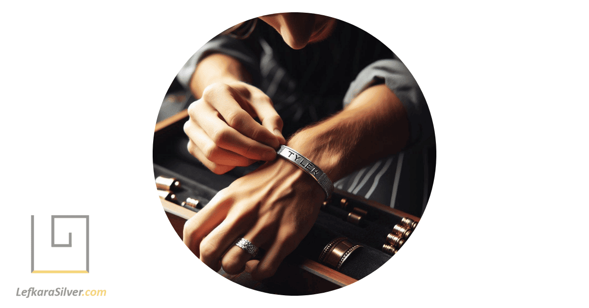 A man trying on a custom silver bracelet with the name Tyler on it.