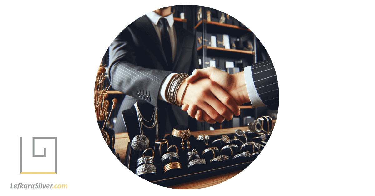 a business owner displaying an array of custom silver jewelry for wholesale, with a handshake in progress.
