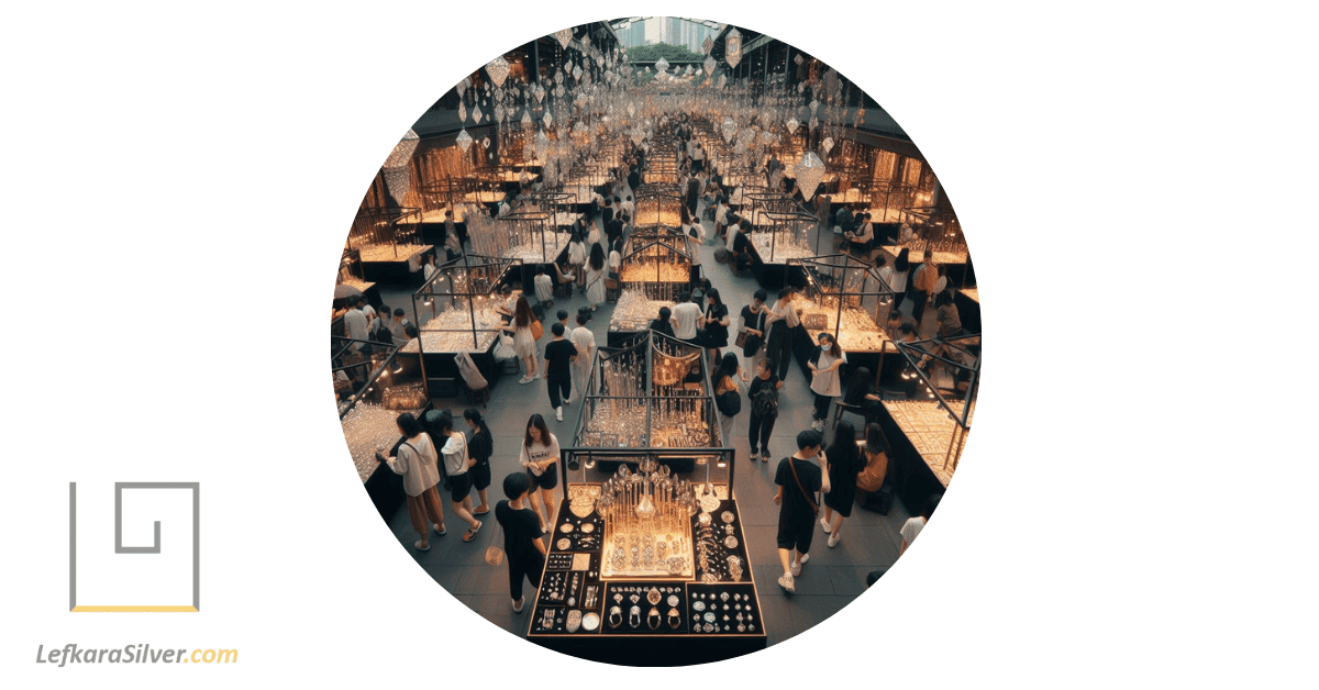 a market scene with vendors and shoppers around stalls of cubic zirconia silver jewelry.
