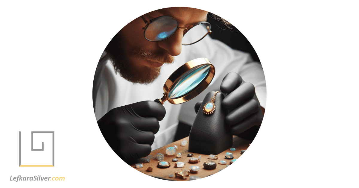 a gemologist examining a piece of Ethiopian opal jewelry under a magnifying glass, highlighting the unique play-of-color.
