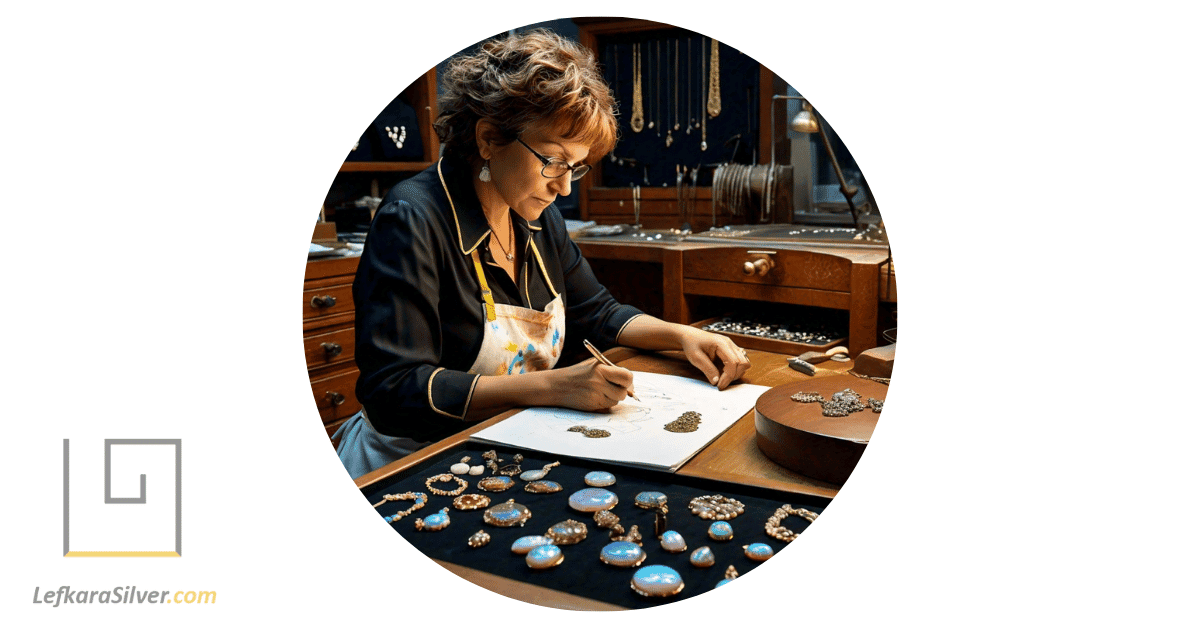 a jewelry designer sketching intricate designs for fine opal jewelry.
