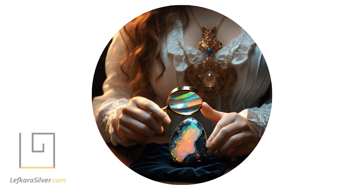 a person holding a magnifying glass, examining the unique patterns of a fine opal gemstone.
