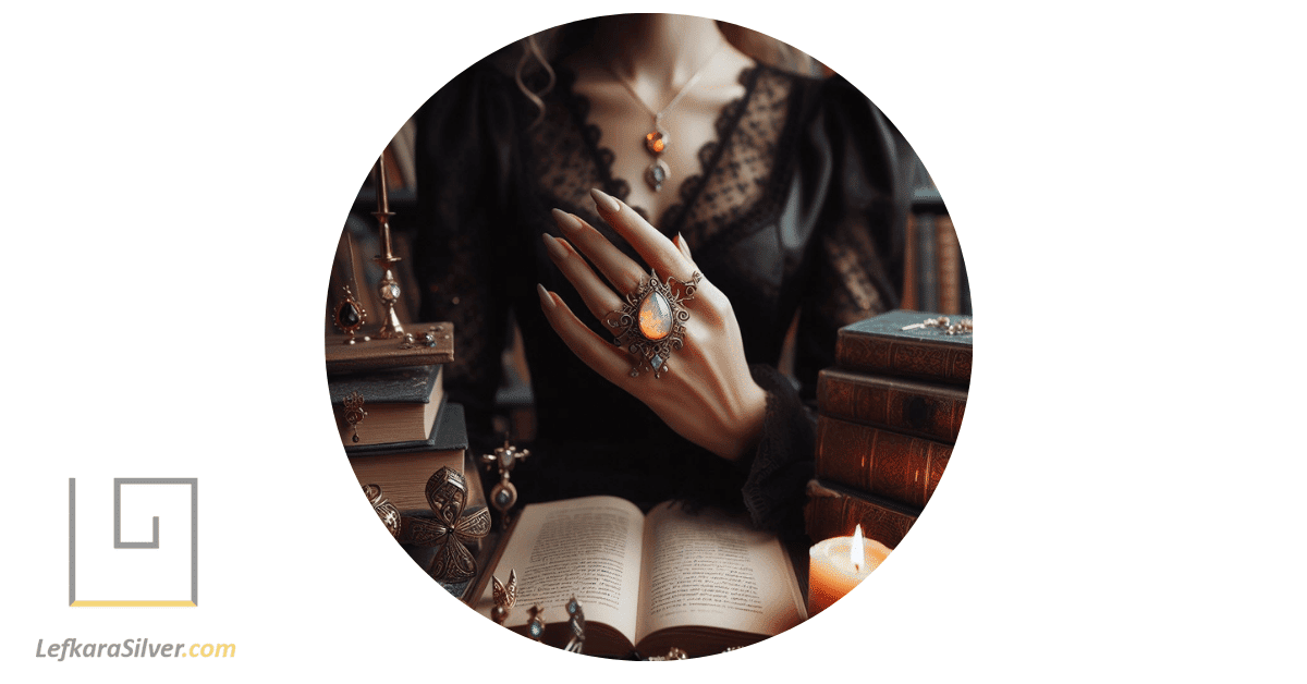 a person in a library, surrounded by books about gemstones, holding a piece of fire opal jewelry, symbolizing the FAQs about fire opal jewelry.