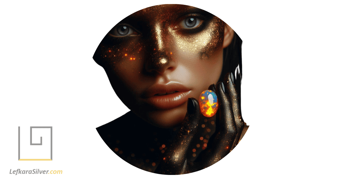 a person holding a fire opal gemstone, their face illuminated by the gem's vibrant colors, symbolizing the riveting facts about fire opal jewelry.
