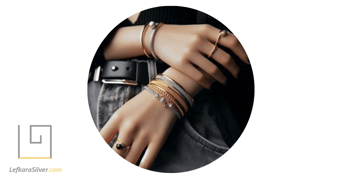 a woman elegantly displaying a two tone silver and gold bracelet on her wrist against a soft-focus background.
