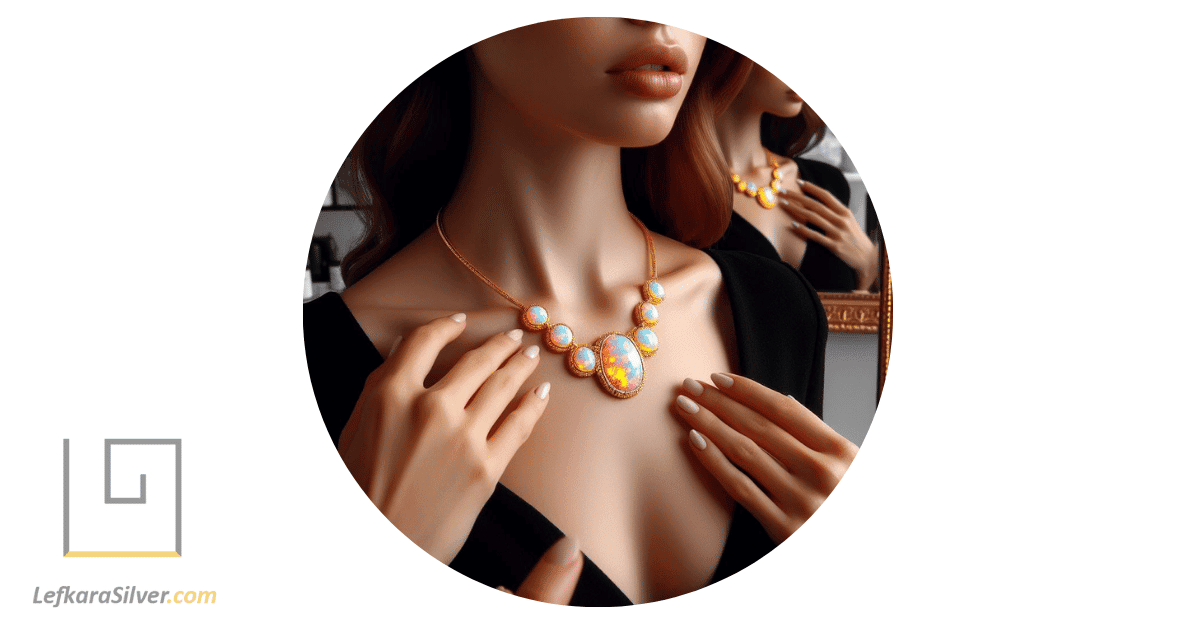 a person trying on a gold opal necklace in front of a mirror, the opal's fiery colors contrasting beautifully with the gold.
