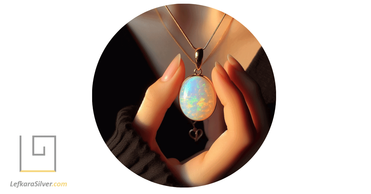 a person holding a gold opal pendant up to the light, the opal's iridescence sparkling in the sunlight.
