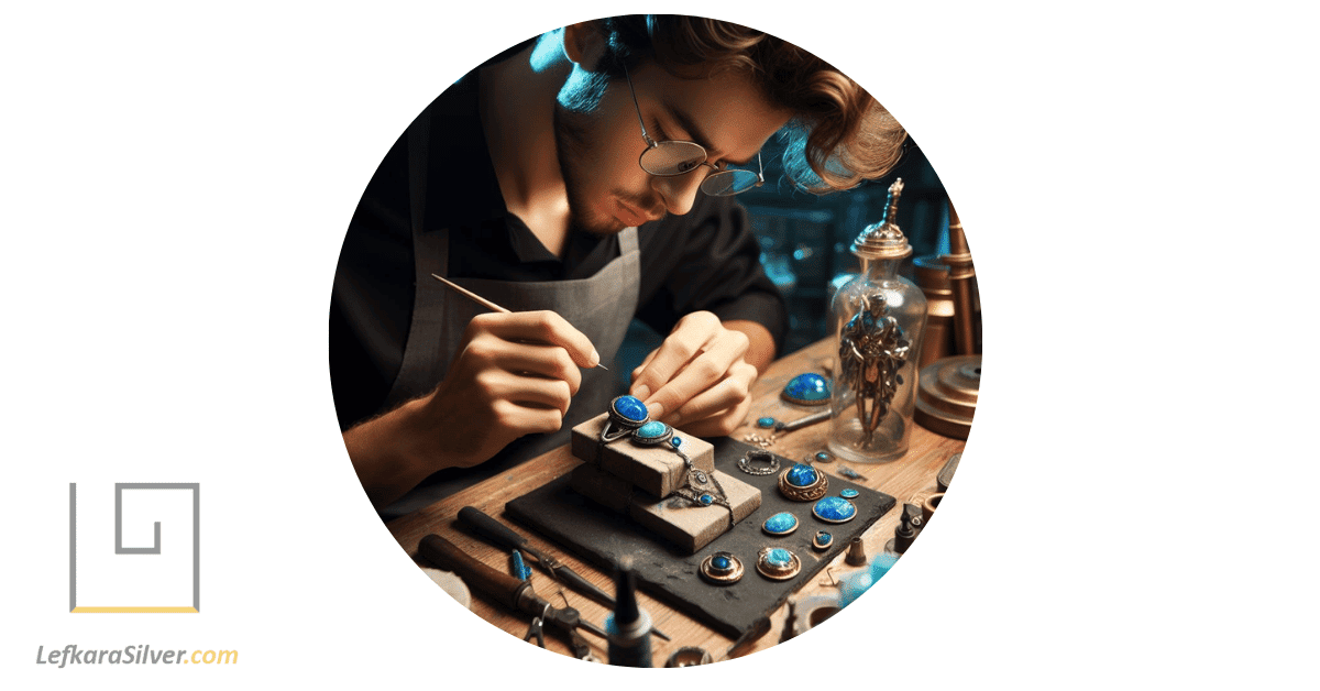 a craftsman meticulously creating a piece of blue opal jewelry in his workshop.
