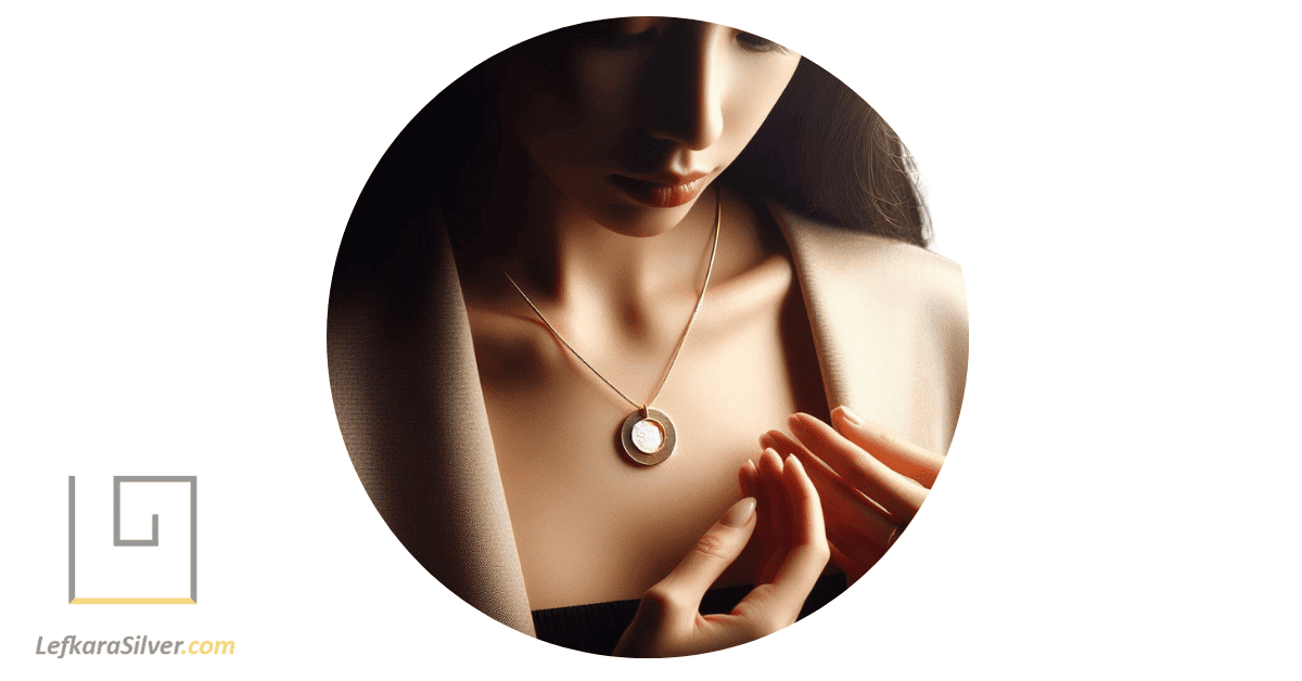 a person admiring the beauty of a handmade gold filled necklace, with the light reflecting off its surface.
