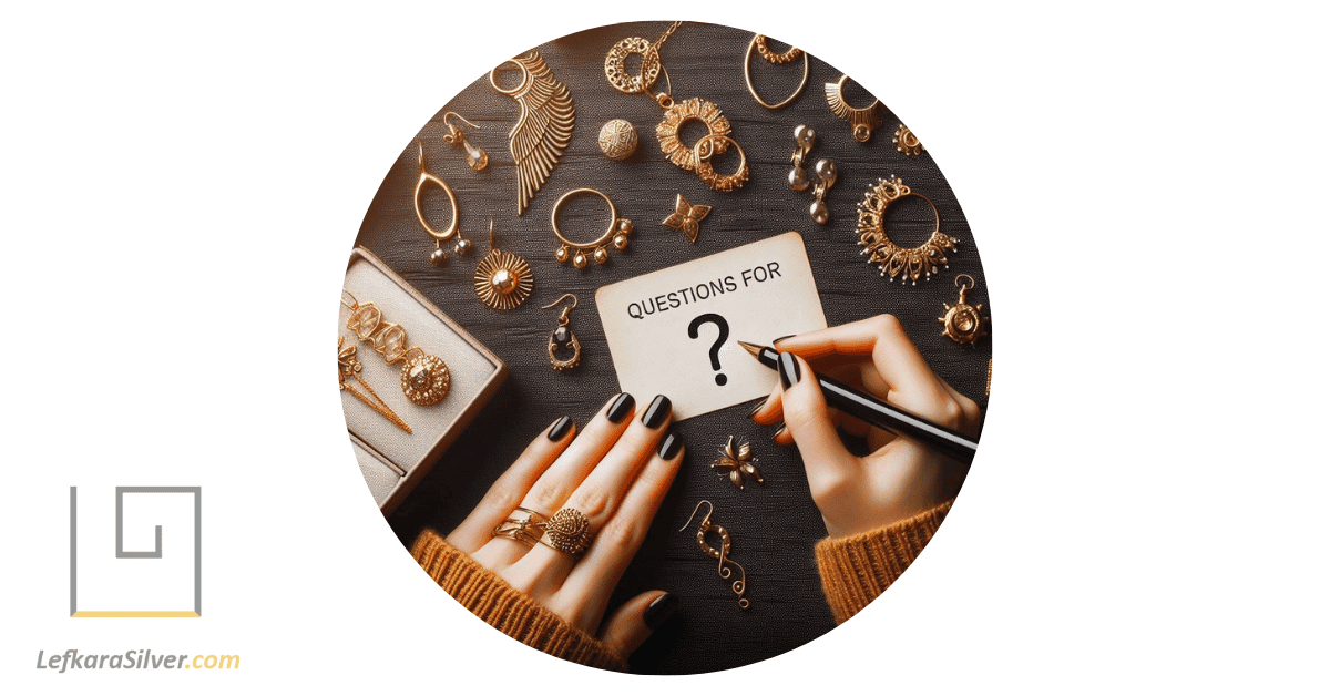 a person answering questions about handmade gold jewelry, with various pieces of jewelry spread out in front of them.